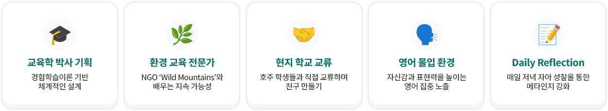 차별성 - 교육학 박사 기획, 환경 교육 전문가, 현지인 가이드 교류, 안전 환경 인식, Daily Reflection